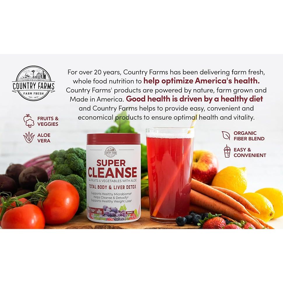 [8.2026] Hỗn hợp 34 siêu thực phẩm giúp thải độc cơ thể & gan Country Farms Super Cleanse 280g