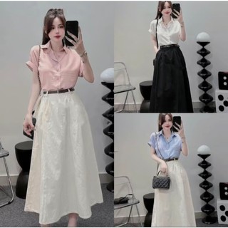 Set đồ nữ áo sơ mi đũi phối nút thật kèm chân váy kaki có kèm thắt lưng