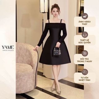 Váy nữ dài tay dáng A phối thun tay hở vai có dây màu đen vải tafta YAME YV316