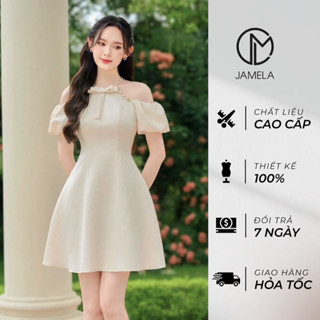 [JAMELA] Váy tiểu thư midi trễ vai cổ yếm dây xích phối nơ thiết kế