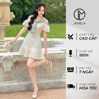 [JAMELA] Váy tiểu thư midi trễ vài cổ choàng thiết kế cao cấp