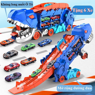 Đồ chơi xe khủng long nuốt ô tô đường ray xe hơi, đồ chơi biến hình xe khủng long đầy màu sắc