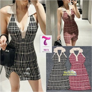 Đầm ôm body cổ bẻ cài nút chất Len QC dày co giãn 4 chiều Size dưới 55kg TT03
