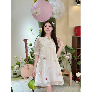 ĐẦM BABYDOLL THÊU HOA CỔ TÀU PHỐI REN TAY PHỒNG