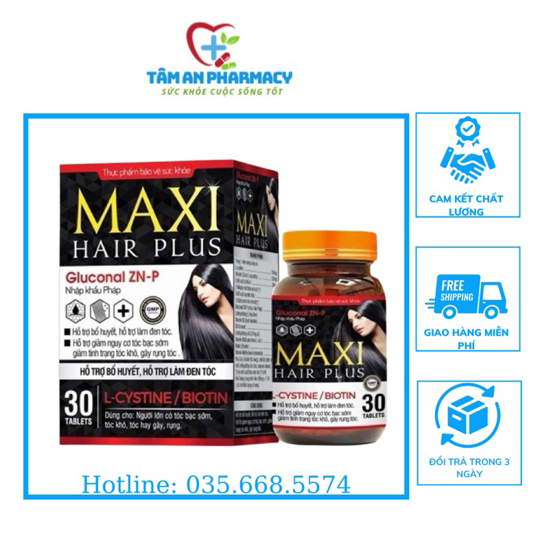 Viên uống Maxi hair plus hỗ trợ bổ huyết, làm đen tóc, giảm rụng tóc, kích thích mọc tóc 30 viên