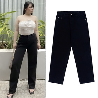 [55-85kg] Quần suông ống rộng bigsize đen trơn 393, jean không giãn form rộng thoải mái
