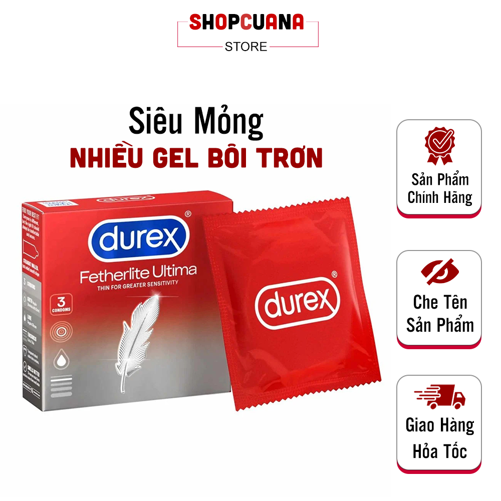 Bao Cao Su Durex Fetherlite Ultima (Hộp 3C) – Dòng Bcs Siêu Mỏng & Nhiều Gel Bôi Trơn. Chính Hãng 100%