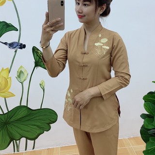 bộ đi chùa nữ, mẫu bài nữ bài lai tim thêu sen, vải đẹp loại 1, chất thoáng mát mặc trẻ trung kín đáo_BLTIM3