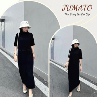 Váy nữ dáng suông dáng rộng liền thân Jumato, đầm nữ cổ cao tay lỡ chất len mềm mịn co giãn hàng quảng châu cao cấp D221