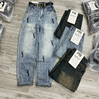 Quần jean baggy qc thêu ysl không giãn 9 tấc, quần jean nữ