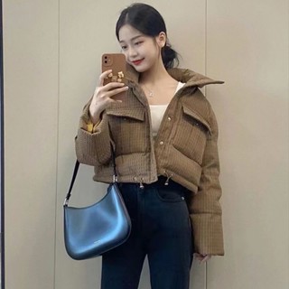  Áo khoác phao nữ kẻ nâu dáng croptop phối dây rút hottrend phonh cách Hàn Quốc KHOSI SP62 