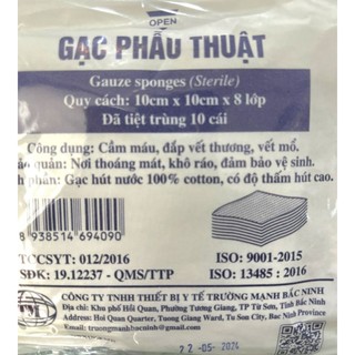 Gạc phẫu thuật Trường Mạnh 10cm x 10cm x 8 lớp