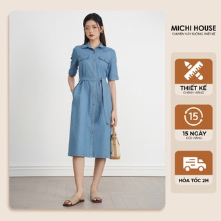 Đầm Jean Suông Michi House Cổ Sơ Mi Dáng Dài Qua Gối Bầu Mặc Xinh V738