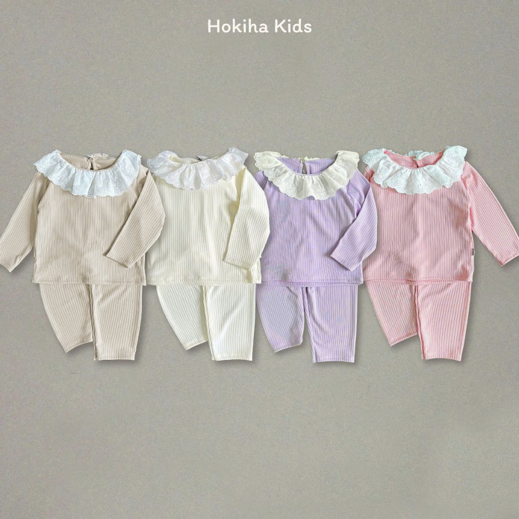 Bộ quần áo dài tay Hokiha Kids cho bé gái viển cổ phối ren vải cotton tăm mềm mại, thấm hút mồ hôi s