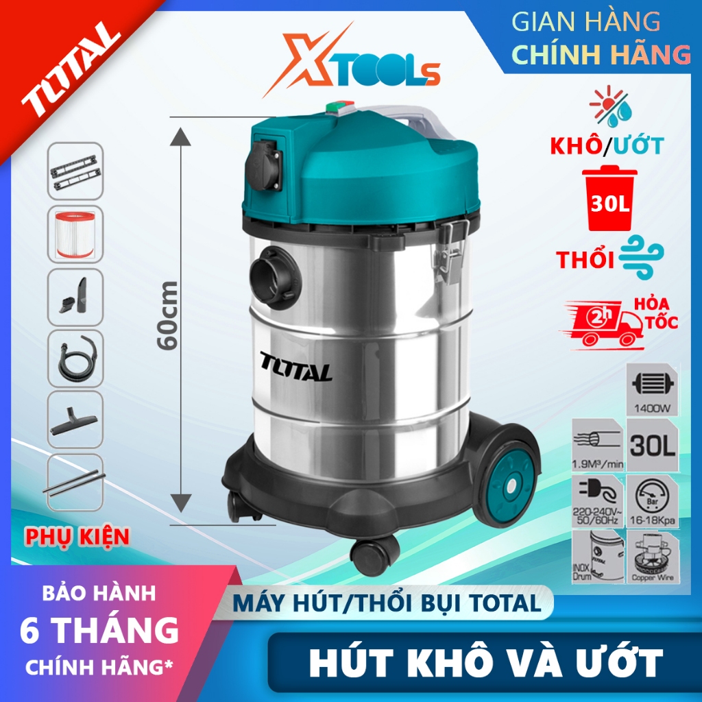 Máy hút bụi đa năng hút khô và ướt TOTAL 10L-30L máy hút bụi công nghiệp, gia đình công suất lớn, có chức năng thổi bụi