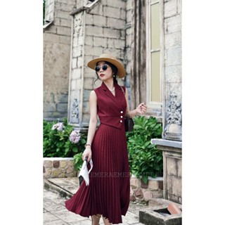 Bộ Sưu Tập DavinaDress - váy thiết kế cổ vest sang trọng, tùng váy dập ly xòe tôn dáng đính nút ngọc Emera