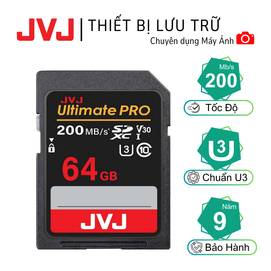 Thẻ Nhớ SD 64Gb JVJ Ultimate Pro U3 - Chuyên Dụng Cho Máy Ảnh, Đầu Đọc Máy Tính, Điện Thoại,...Bảo Hành 9 Năm