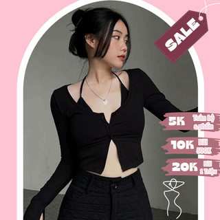 SAC02 Set Áo Bra Bikini Cổ Yếm Kèm Áo Khoác Croptop Tay Dài Ống Loe Ôm Body Nữ Hở Ngực Gợi Cảm Sexy Đi Biển LiVi Bigsize