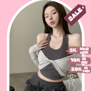 SAC03Set Áo Croptop Xoắn Ngực Tay Dài Phối Áo Bra Cổ Yếm Bên Trong May Liền Ôm Body Nữ Sexy Đi Biển Đi Chơi LiVi Bigsize