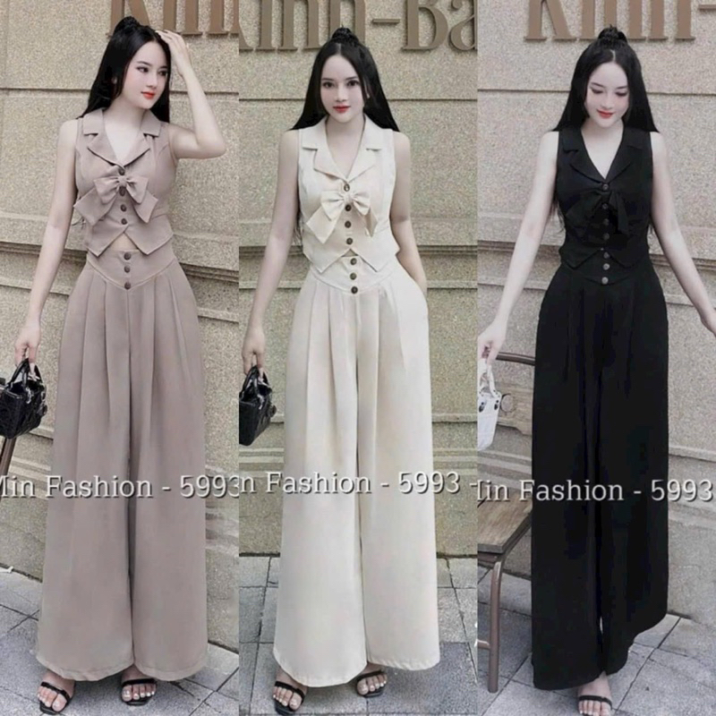 Sét bộ thời trang nữ, sét áo vest ghile sát tay cổ bẻ đính nút phối nơ mix quần ống rộng nhấn eo xếp ly Xưởng May Thu Lê