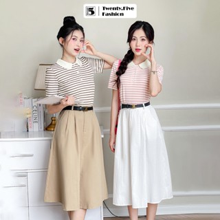  Chân váy nữ Twentyfive dáng dài xếp ly xòe chun lưng co dãn vải thô kaki 5765   không kèm thắt lưng  