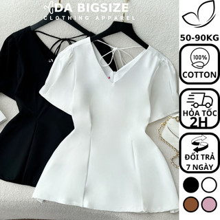 Dabigsize - Áo Kiểu Nữ Bigsize,Áo Peplum Nữ Cổ Tim Tay Phồng Cột Nơ Lưng Chất Cotton Mềm Mịn Dành Cho Người Mập 50-90kg