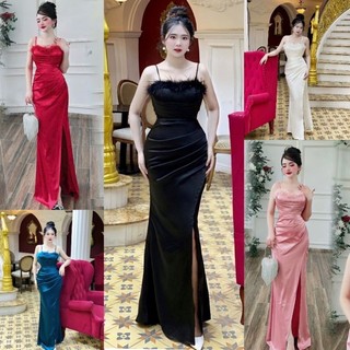 Đầm dạ hội thiết kế 2 dây đính lông vũ cao cấp tặng hoa tai tko