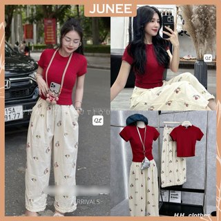 Set bộ đồ nữ áo phông đỏ trơn ngắn tay ôm body mix quần dài thô cạp chun in hoa phối ren ống suông rộng freesize