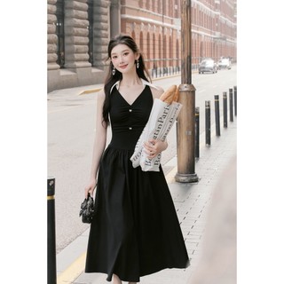Váy midi đen cổ đức phối trắng - Chất liêu: Thô đen phối cotton - Thiết kế Flane