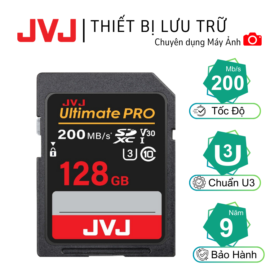Thẻ Nhớ SD 128GB JVJ Ultimate Pro Chuẩn V30 U3 Class 10 - Chuyên Dụng Thẻ nhớ Máy Ảnh, Máy Quay 4K Full HD - BH 9 năm