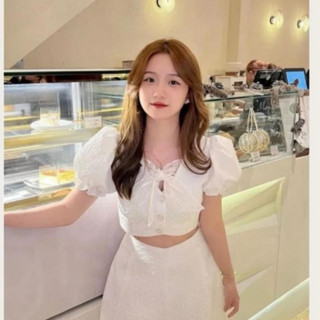 Set váy nữ vải xốp nhẹ vừa size áo nơ xinh xắn, chân váy chữ A gọn gàng freesize