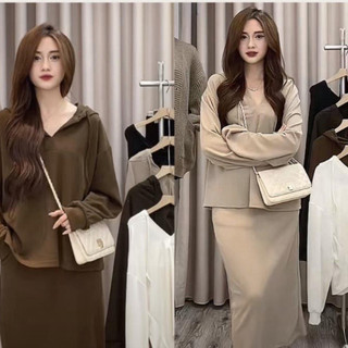 Set áo dài tay có mũ và chân váy dài cho nữ tôn dáng, chất liệu co dãn, đứng form, cân nặng 38-58 kg