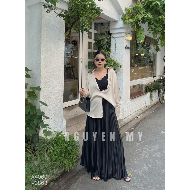 NGUYENMY - Chân váy dập ly thun lụa satin ( Hình ảnh chính chủ)