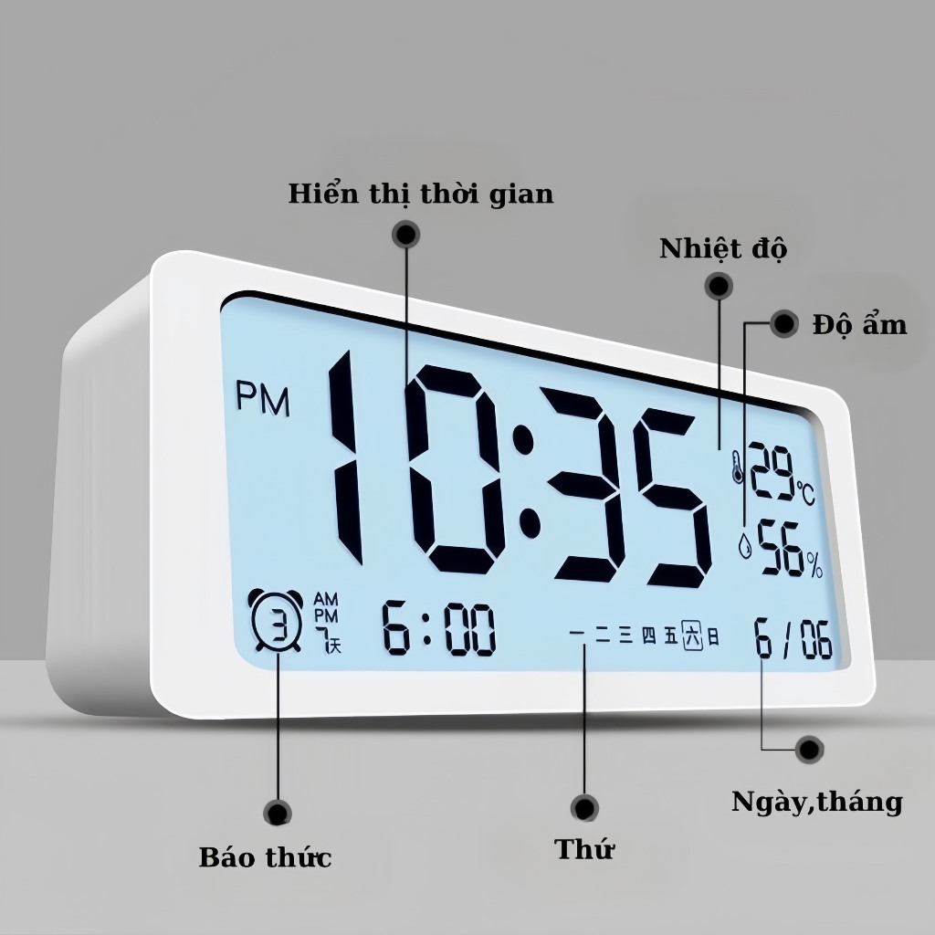 Đồng hồ led để bàn báo thức màn hình LCD cao cấp đo nhiệt độ và độ ẩm DHTT & PKDT