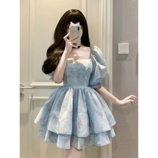 (Sẵn+ Hoả tốc) Đầm babydoll tay bồng xanh hoa nhí ẩn/ Váy cổ vuông che bắp tay chân váy xoè 2 tầng H147