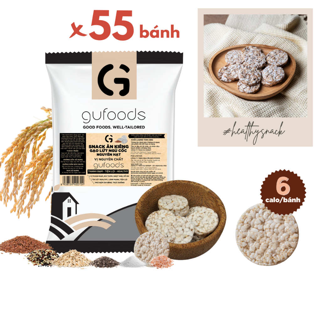 Snack ăn kiêng gạo lứt ngũ cốc nguyên hạt GUfoods (Hũ 80g / Gói 80g) - Thanh đạm, Tiện lợi, Phù hợp Eat clean