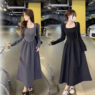 Đầm váy nữ xòe chữ A dáng dài tay thu đông cổ vuông nhún ly xòe chiết eo (CÓ BIG SIZE) KHOSI SP03