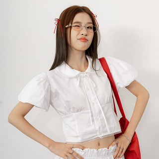 Lollie studio - áo sơ mi poplin cổ sen pha ren buộc nơ patsy top - tka409
