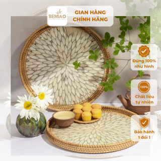Khay mẹt mây đan tre khảm trai BEMIAO khay đựng đồ ăn hoa quả khay trà khay đựng cốc trang trí