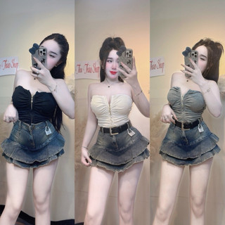 Áo ống cúp nhúng eo kèm dây khoá có may mút đệm