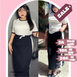 Set Đồ SALE HÀNG LỖI NHẸ - Đầm Áo Thun Gân Tay Ngắn Cổ Tròn Dáng Ôm Kèm Chân Váy Dáng Dài Xẻ Tà Viền Trắng LiVi Bigsize