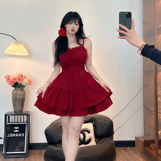   Có Bigsize  Đầm Hai Dây 3 Tâng Dáng Xòe Phong Cách Tiểu Thư Sang Chảnh Có 2 Màu Đỏ Đen 