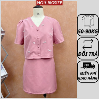 Set đồ bộ bigsize nữ dự tiệc đi chơi sang chảnh kiểu cổ tim nút bọc đính nơ vải bố MON big size 50 - 90kg