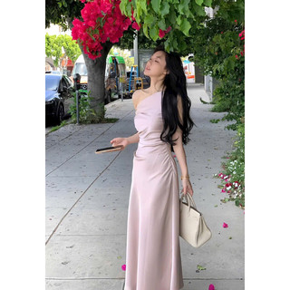 YEME DRESS | Đầm hồng lệch vai xếp eo