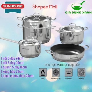 Bộ nồi inox 5 đáy Sunhouse SHG995 - SHG789 - SHG669 dùng với mọi loại bếp - hàng chính hãng