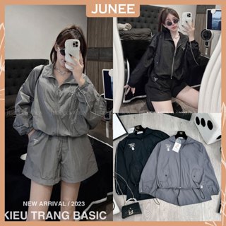 Set Bộ Đồ Nữ Áo Khoác Gió PARIS Khóa Kéo Logo Thêu Nổi Eo Dây Rút Túi Cúc 2 Bên Mix Quần Đùi Cạp Chun Dáng Freesize