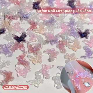 Set 20 bướm hoa hồng nhũ cực quang lấp lánh | trang trí móng tay