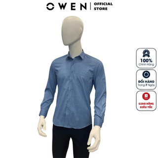 Áo sơ mi nam dài tay OWEN AR240537DT somi công sở cao cấp màu xanh in họa tiết vải sợi tre dáng suông tà lượn có túi