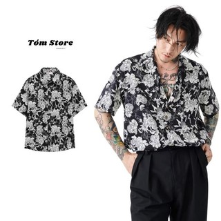 Áo Sơ Mi TÓM Nam/Nữ hoạ tiết Hoa Lá Đen, vải lụa thoáng mát, không nhăn, form regulafit, áo sơ mi tay ngắn