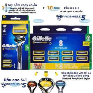 Bộ dao cạo râu 5 lưỡi Gillette Proshield5 (1 tay cầm xoay chiều + 10 đầu cạo 5+1)